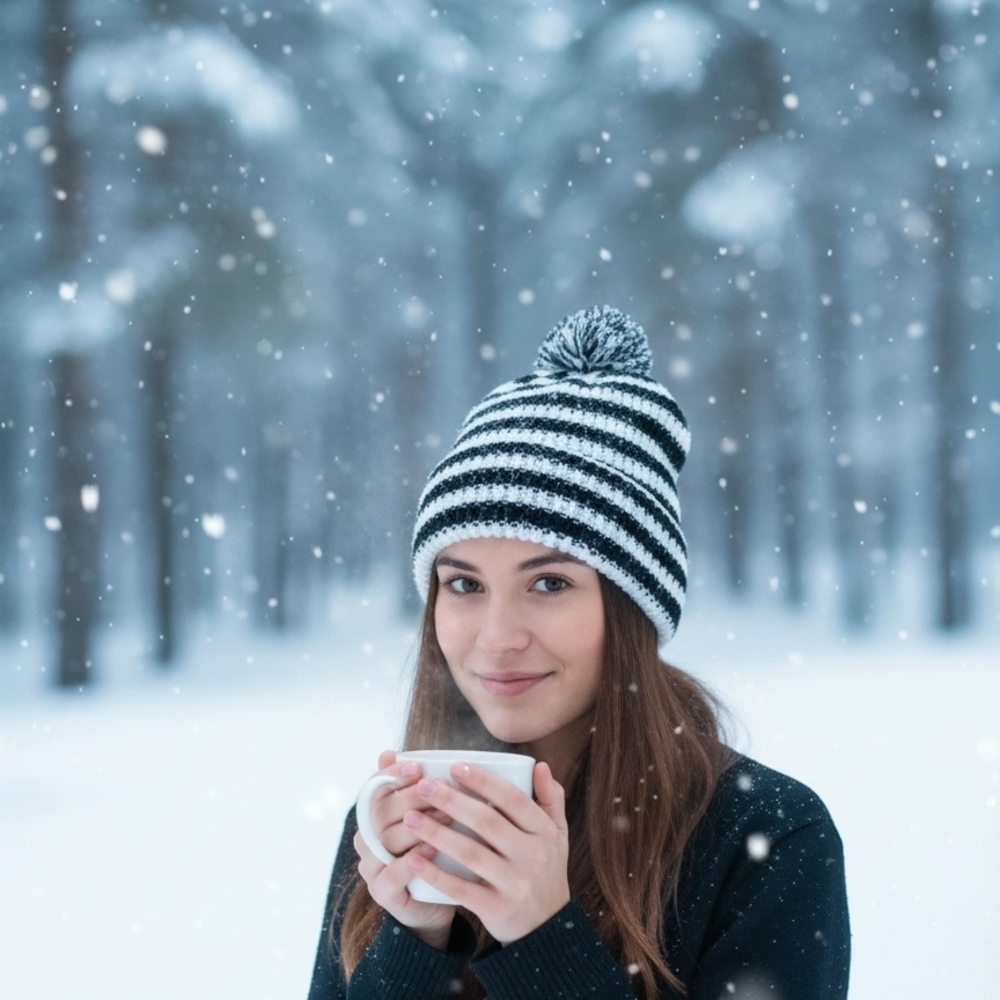 Striped Pom Pom Beanie - Black & White Woman & Men Unisex